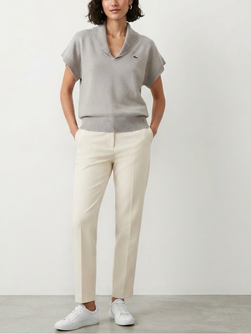 Lacoste Light Gray Short Sleeve Shawl Collar Knit Top